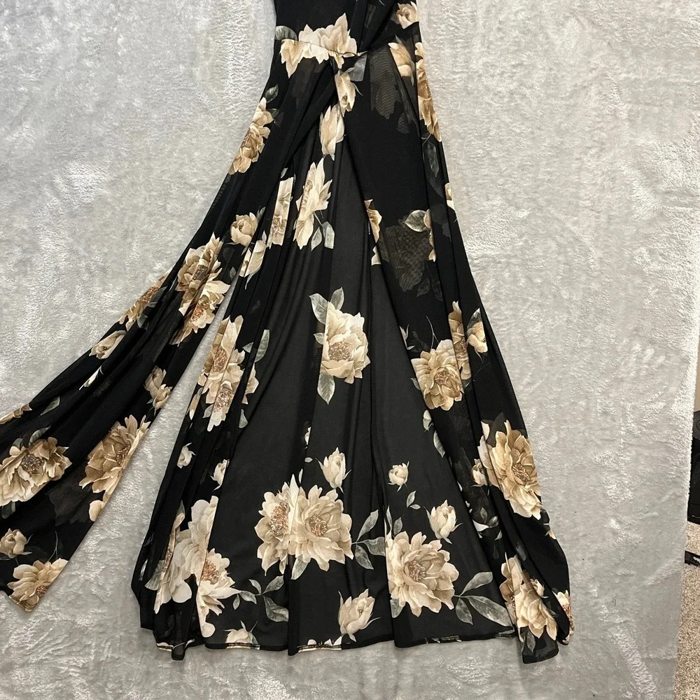 Windsor Maxi Dress Women Size S Black Floral Mesh V-Neck High Slit Formal Gown - Picture 3 of 7